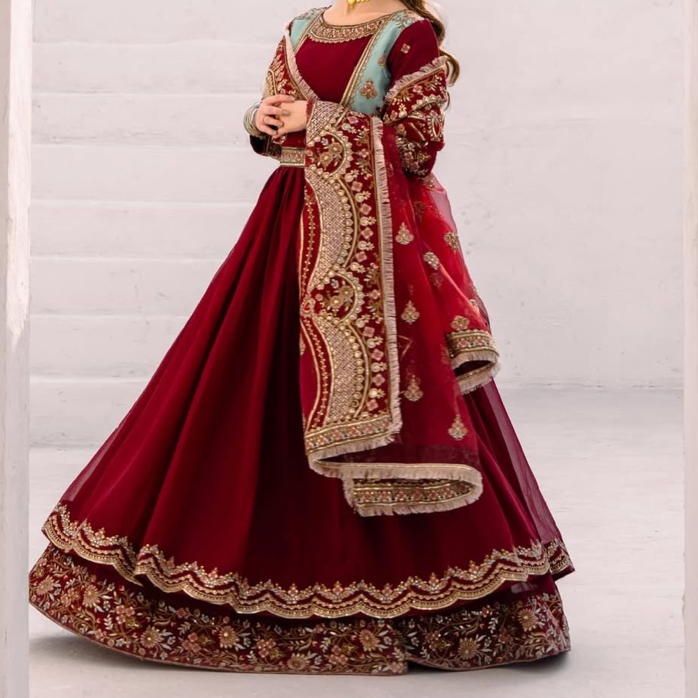 Elegant Red Embroidered Gown with Shawl